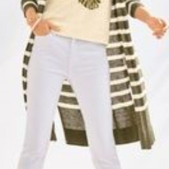 Talbots Women's Small Cardigan Olive/ White Stripe L/S Open Knit Linen NWOT - Picture 2 of 13